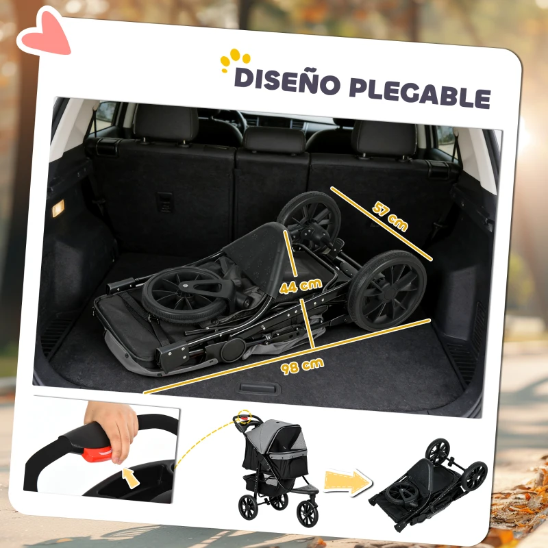 PawHut Carrito para Perros con 3 Ruedas Ventanas de Malla Cesta de Almacenaje y Correas de Seguridad 109,5x57,5x106,5 cm Gris