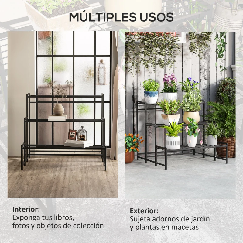 Outsunny Soporte para Plantas de Tres Niveles con Diseño en Escalera y Estructura Metálica Resistente para Interior y Exterior