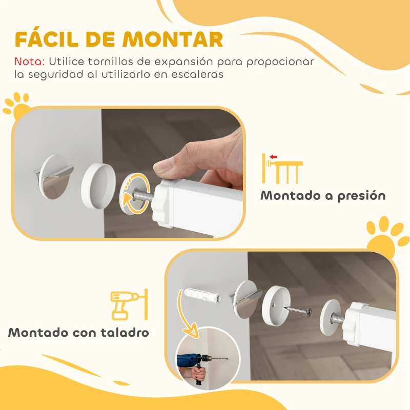 PawHut Barrera de Seguridad de Perros Extensible para Escaleras y Puertas 76-97 cm con 2 Extensiones de 7 cm Cierre Automático y Marco Metálico Altura 76 cm Blanco