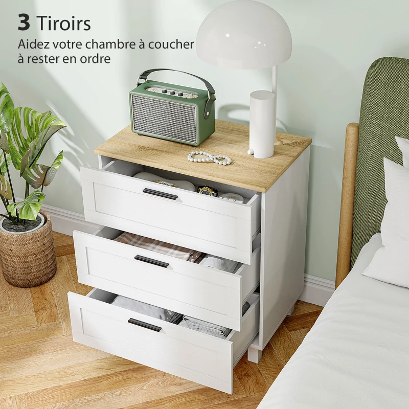 HOMCOM Commode 3 tiroirs meuble de rangement style moderne pieds en bois massif et plateau effet bois, 60 x 38 x 71 cm, blanc