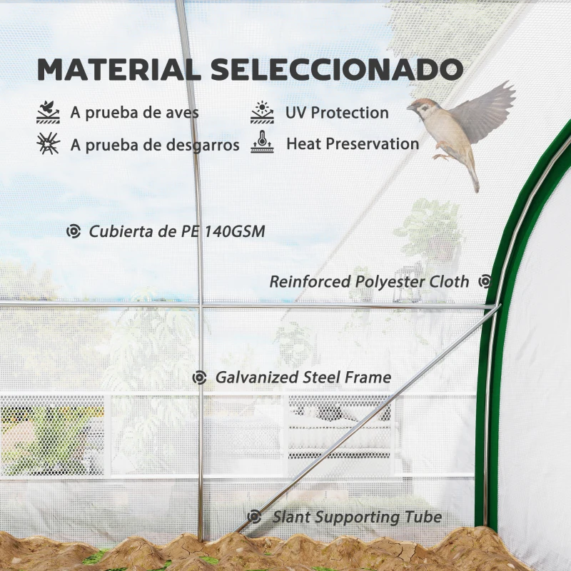 Outsunny Invernadero de Túnel 6x3x2 m con Puerta Enrollable 8 Ventanas de Malla y Estructura de Acero Galvanizado Blanco