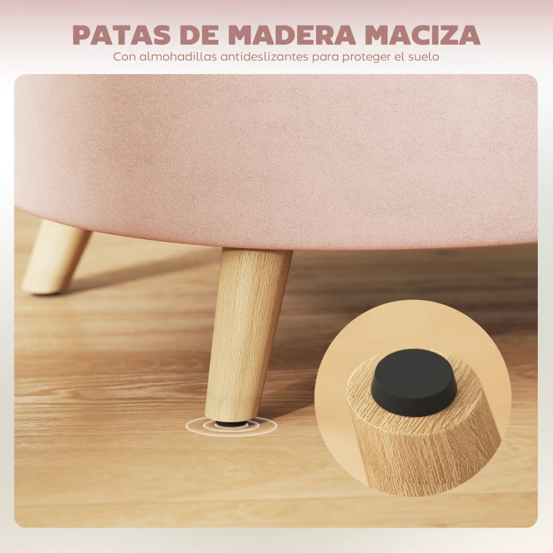 HOMCOM Puff Almacenaje Ovalado Banco Almacenaje 71x51,5x42 cm Tapizado en Terciopelo con Patas de Madera Maciza Rosa Claro
