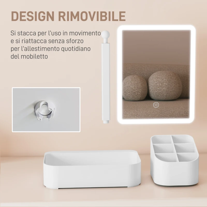 HOMCOM Specchio da Trucco con Luce Regolabile su 2 Livelli, Rotazione 180° e Organizer per Trucchi, Bianco