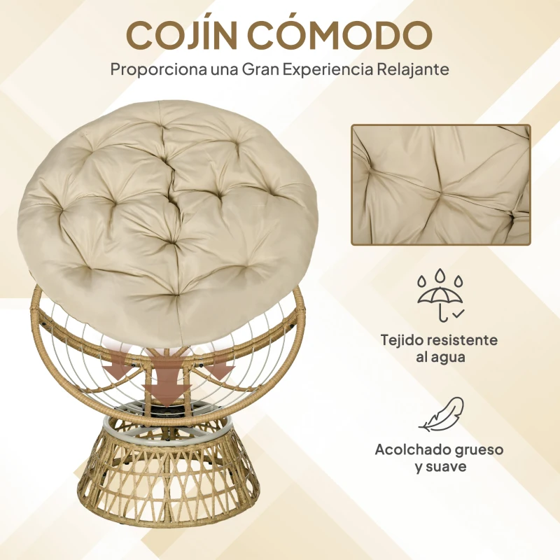 Outsunny Sillón Papasan Giratorio de Ratán Sintético con Cojín Carga 120 kg para Exterior Jardín Terraza 85x70x82 cm Amarillo