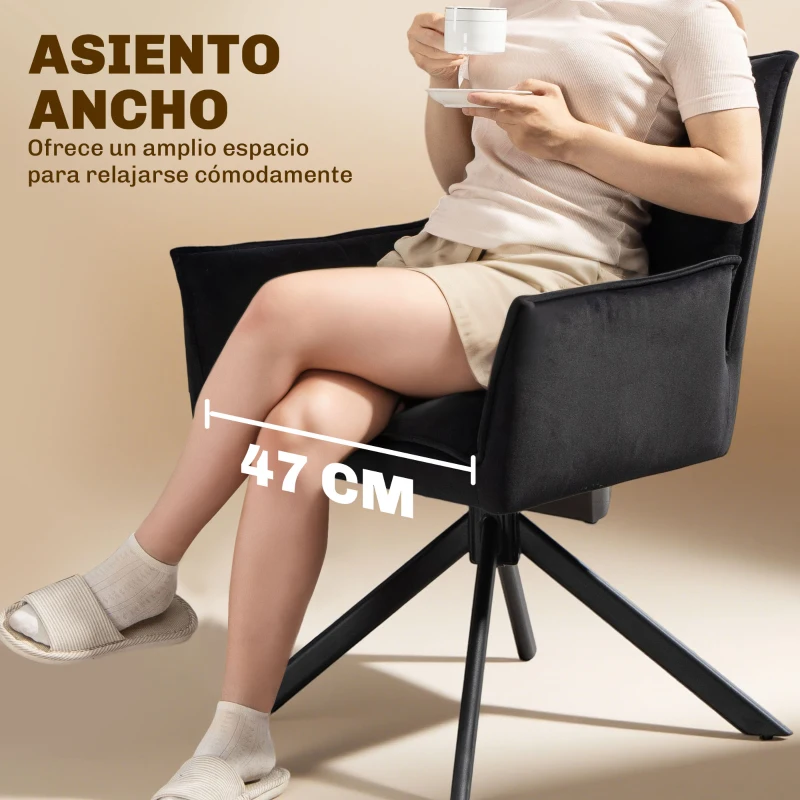 HOMCOM Pack de 2 Sillas de Comedor Giratorias con Reposabrazos Respaldo Acolchado Tapizado en Terciopelo Patas de Acero Negro