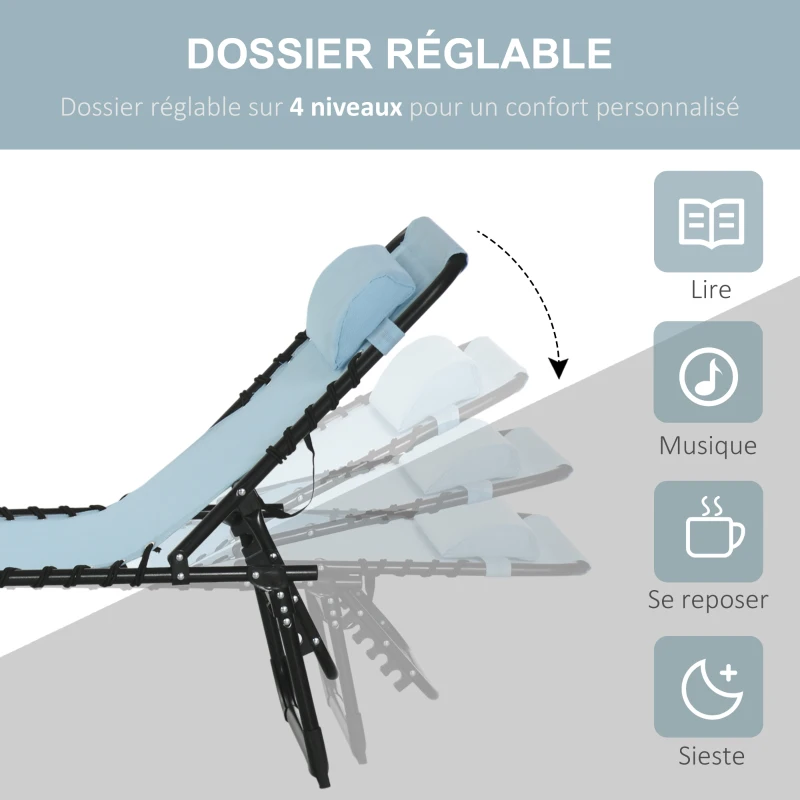 Outsunny Tumbona Plegable con Reposacabezas Tumbona Jardín Exterior Reclinable 4 Posiciones con Marco de Acero 189x58x30 cm Azul