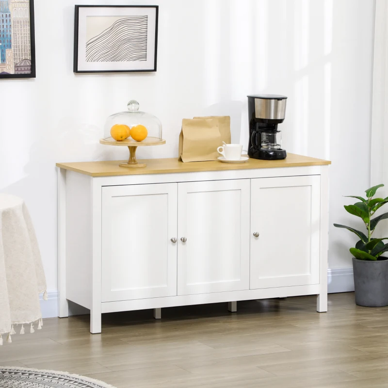 HOMCOM Buffet meuble de rangement avec 3 portes 2 étagères réglables plateau aspect bois clair 120 x 40 x 70 cm blanc