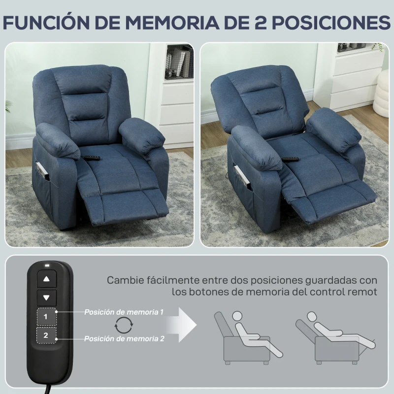 HOMCOM Sillón Relax Reclinable Eléctrico Silencioso con Función Memoria Reposapiés Mando a Distancia Bolsillos Laterales Azul