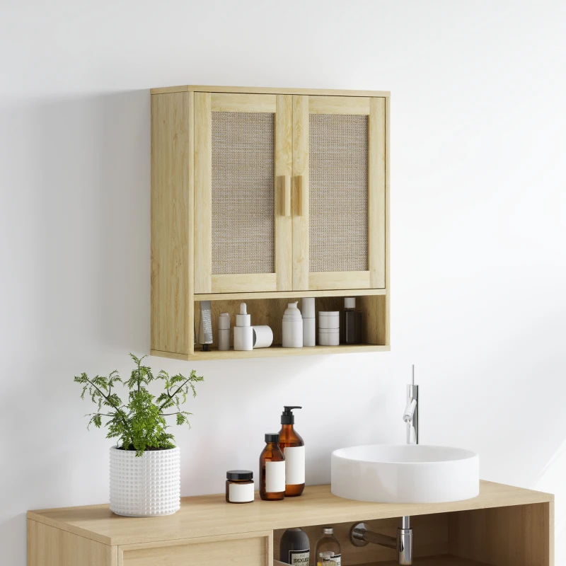 HOMCOM Meuble mural salle de bain meuble wc suspendu avec double porte et étagère ouverte 59 x 20 x 66,5 cm effet bois de chêne
