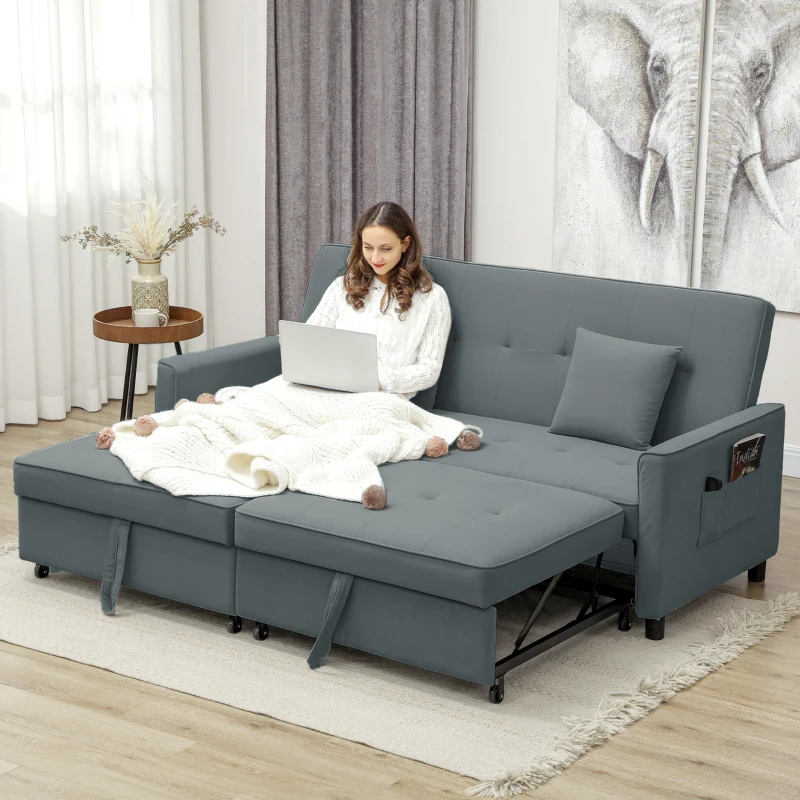 HOMCOM Sofa rozkładana 3-w-1, 3-osobowa kanapa 196x90 cm z funkcją spania, regulowane oparcie, narożnik z poduszkami, styl welur, do salonu, sypialni, szary