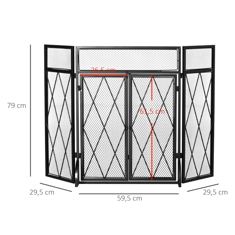HOMCOM Grille de protection pour cheminée 120 x 79 cm - pare-feu pour cheminée ou poêle - pare-étincelles - barrière de sécurité - 3 volets pliables et porte - métal noir(m-3)