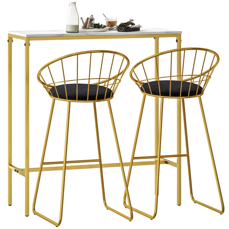 HOMCOM Ensemble table de bar avec tabourets table à manger debout avec 2 chaises pieds en acier 100 x 40 x 107 cm doré