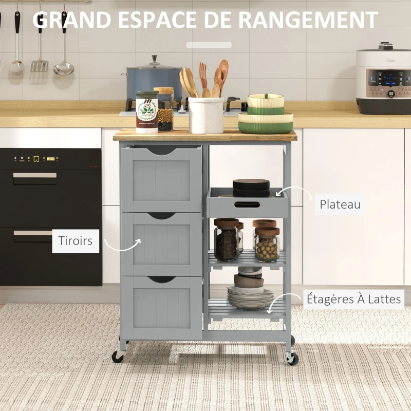 HOMCOM Chariot desserte de cuisine à roulettes plan de travail en bois 3 tiroirs et 1 plateau amovible 67 x 37 x 85,5 cm gris