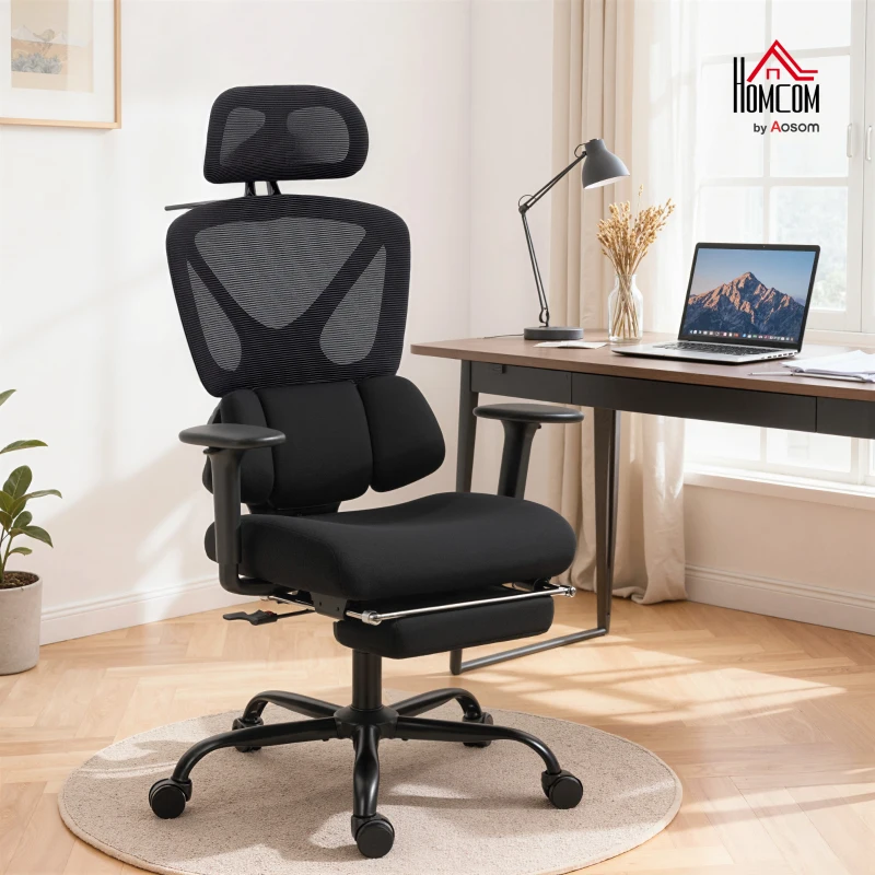 HOMCOM Ergonomic office chair, office armchair with adaptive dynamic lumbar support, 73x75x120-128cm, black