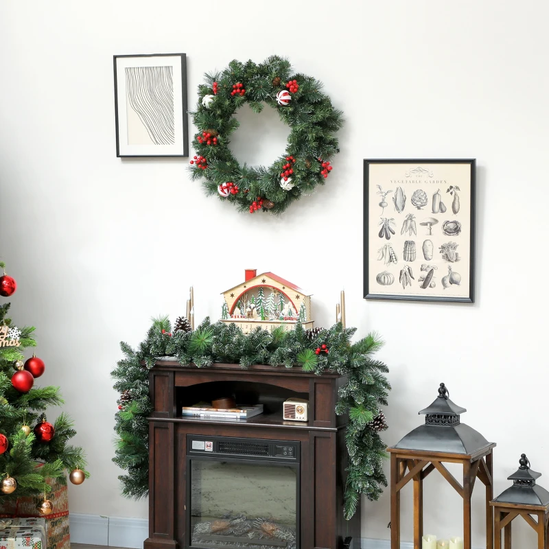 HOMCOM Couronne de Noël lumineuse 60 cm avec 50 LED, minuterie, 146 pointes, pommes de pin, baies, boules décoratives, vert