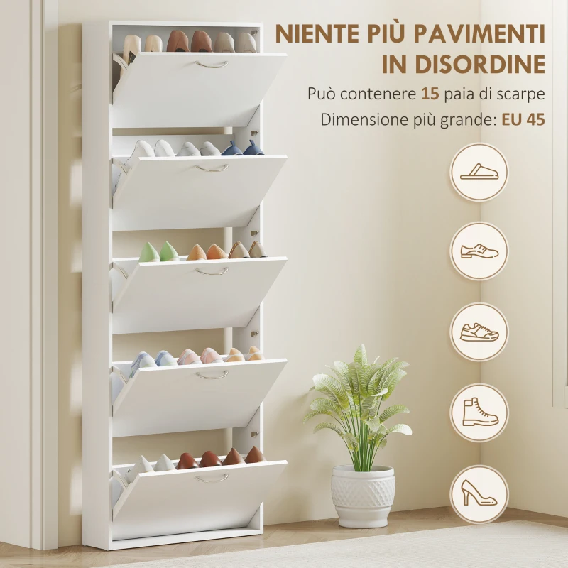 HOMCOM Mobile Scarpiera a 5 Ante Antiribaltamento, in Legno, 65x17x180.5 cm, Bianco
