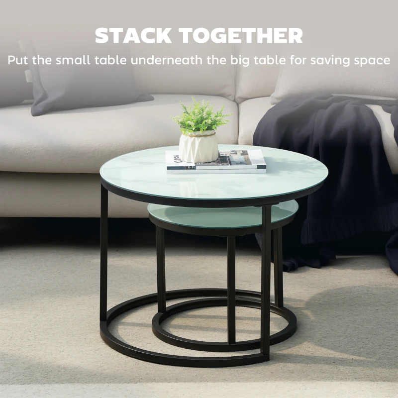 HOMCOM Glass Coffee Table Set of 2, Round Nest of Tables with Marble-Effect Tempered Glass Tabletop and Steel Frame, Modern Side Tables for Living Room, White