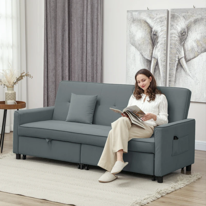 HOMCOM Sofa rozkładana 3-w-1, 3-osobowa kanapa 196x90 cm z funkcją spania, regulowane oparcie, narożnik z poduszkami, styl welur, do salonu, sypialni, szary