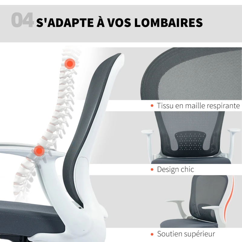 HOMCOM Chaise bureau ergonomique avec repose-pieds ajustable et accoudoirs relevables, hauteur réglable, 59x62x99-119cm, gris