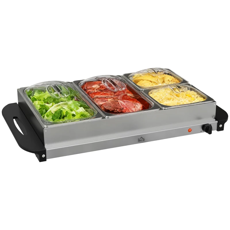 HOMCOM 4 Tray Electric Food Warmer Buffet Server with Warming Plate, Cool Touch Handles, Adjustable Temperature, 300W, 2 x 2.4L and 2 x 1L Pans