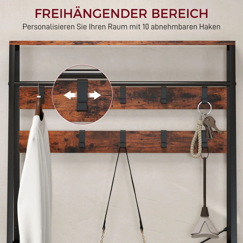 HOMCOM Garderobe mit Schuhregal, Mantelständer mit Sitzbank, 10 Haken, 2 Stoffschubladen, Kleiderstange, Spanplatte, Metall, Braun