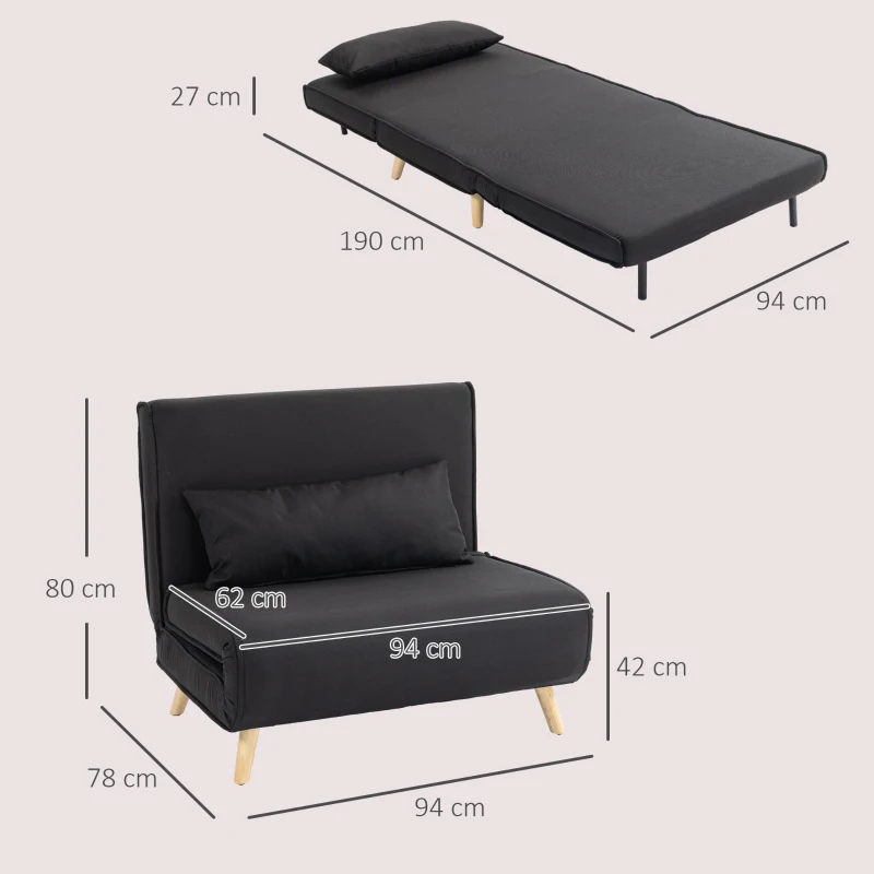 HOMCOM Poltrona Letto 3 in 1 con Schienale Reclinabile su 6 Posizioni in Tessuto, 94x78x80 cm, Nero