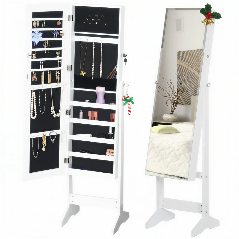HOMCOM Jewelry Cabinet Standing Mirror Full Length Makeup Lockable Armoire Storage Organizer White