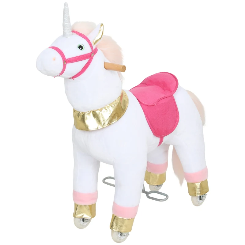 AIYAPLAY Kids Rocking Horse, Plush Walking Horse with Wheels, Ride On Unicorn Toy for Ages 3-5 Years Old, White