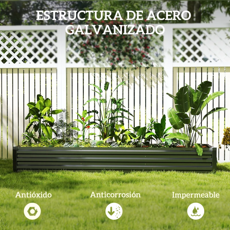 Outsunny Jardinera Exterior Grande Rectangular de Acero Galvanizado Huerto Urbano con Base Abierta 240x60x30 cm Gris Oscuro