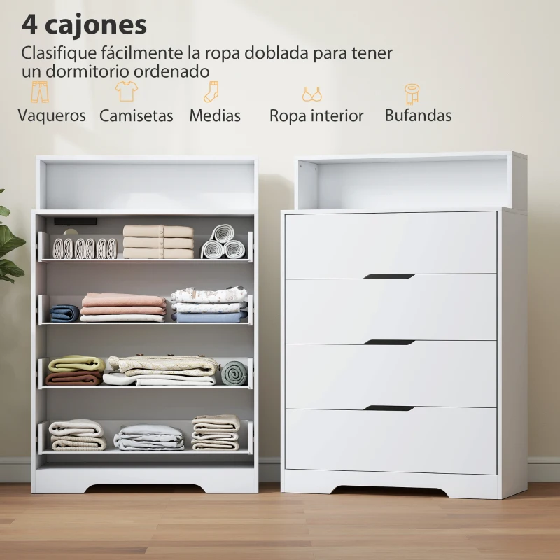 HOMCOM Cómoda para Dormitorio de 4 Cajones con Estación de Carga Puerto USB Puerto USB-C Estante Abierto 80x40x120 cm Blanco