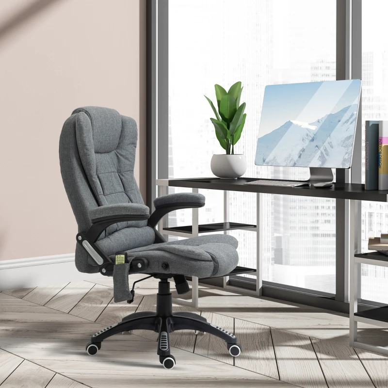 Vinsetto Fauteuil de bureau massant et chauffant, chaise de bureau, chaise ergonomique avec hauteur réglable, dossier inclinable et télécommande filaire, pivotant à 360° tissu en polyester gris chiné