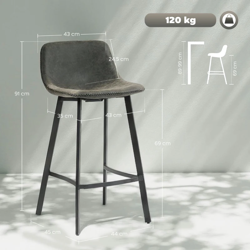 HOMCOM Bar Stools Set of 2, PU Leather Dining Stools with Backrest, Footrest, for Kitchen, Counter, Breakfast Bar, Grey