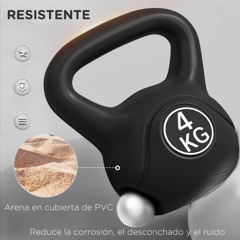 HOMCOM Pesa Rusa de 4 kg Kettlebell Relleno de Arena con Mango Ancho y Base Plana para Entrenamiento 18x12x20 cm Negro