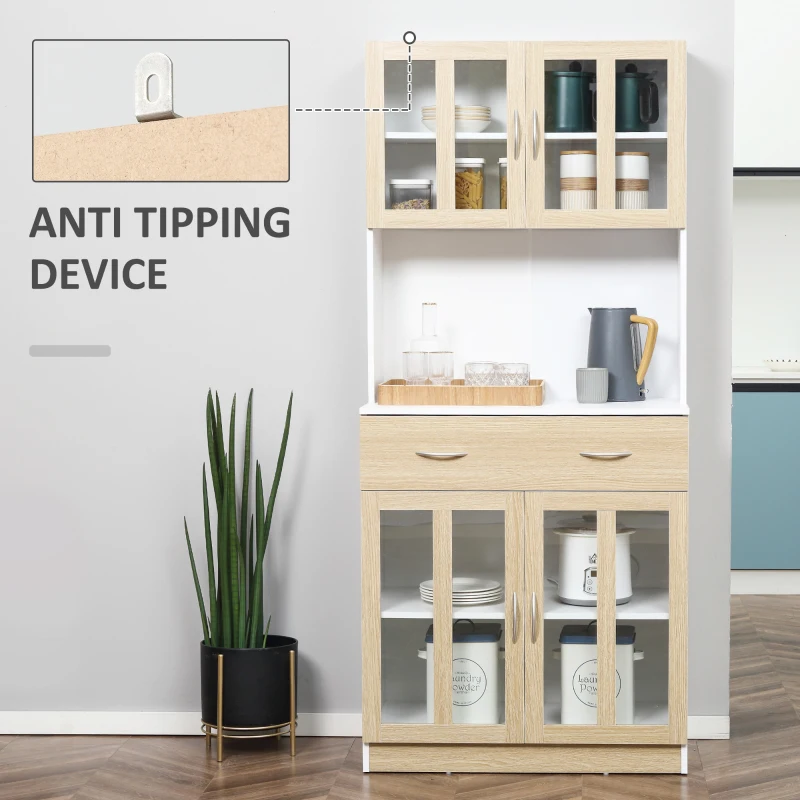 HOMCOM Modern Kitchen Cupboard, Freestanding Storage Cabinet Hutch with Central Drawer, 2 Glass Door Cabinets and Countertop, 180cm