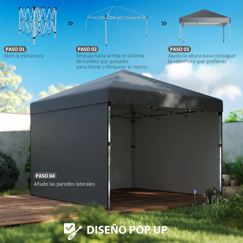 Outsunny Carpa Plegable Pop-up 3x3 m 2 Paredes Laterales Anti-UV Altura Ajustable Sacos de Arena Bolsa de Transporte Gris Oscuro