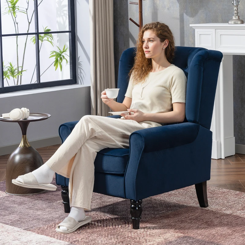 HOMCOM Wingback Accent Chair, Retro Upholstered Button Tufted Occasional Chair for Living Room and Bedroom, Dark Blue