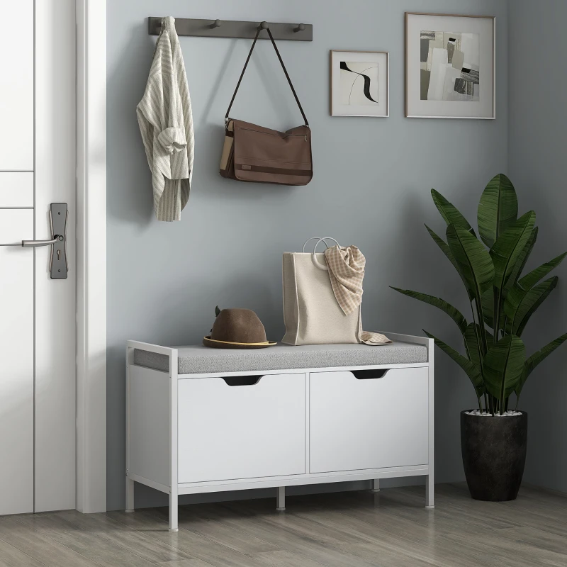 HOMCOM Banc meuble à chaussures, 2 placards, meuble d'entrée avec coussin rembourrée, 84l x 35P x 50H cm, blanc