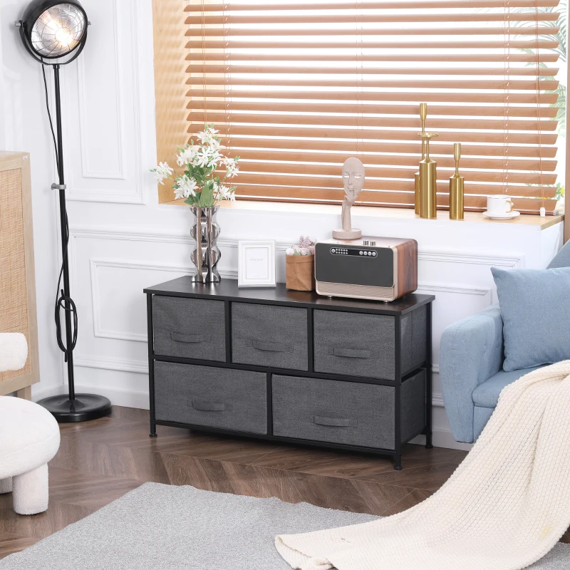 HOMCOM Commode meuble de rangement 100 x 30 x 54 cm 5 tiroirs non-tissés gris foncé structure acier noir aspect bois