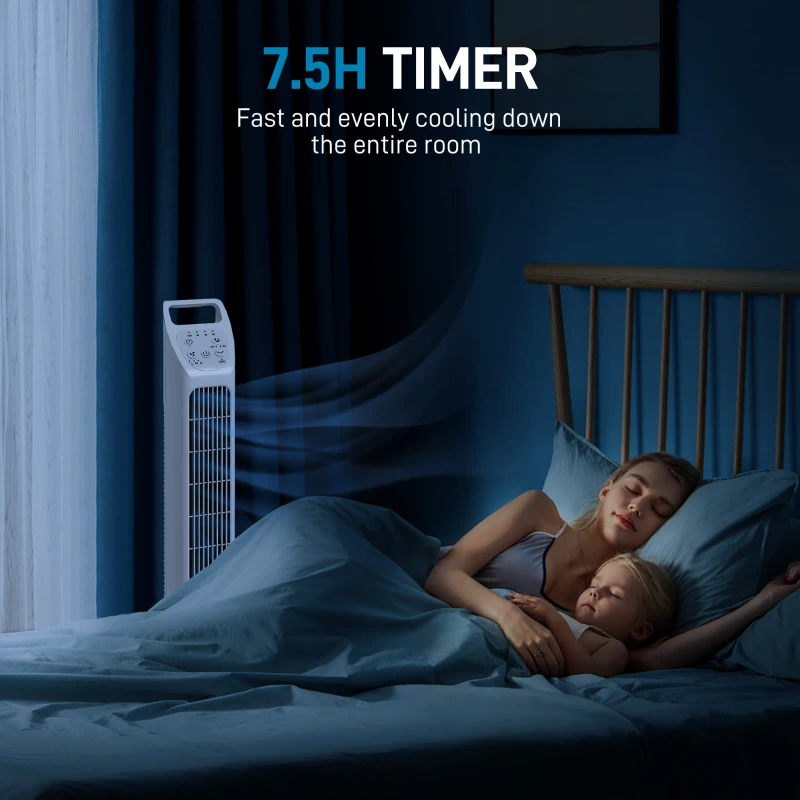 HOMCOM Tower Fan, Electric Cooling Fan with Remote, 75° Oscillating, 3 Speed 3 Modes, 7.5H Timer, Quiet Standing Bladeless for Bedroom Office, White