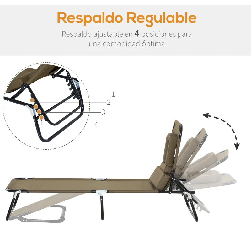 Outsunny Tumbona Plegable con Respaldo Regulable 4 Posiciones con Orificio de Lectura Almohada Tela Oxford 190x56x28 cm Marrón