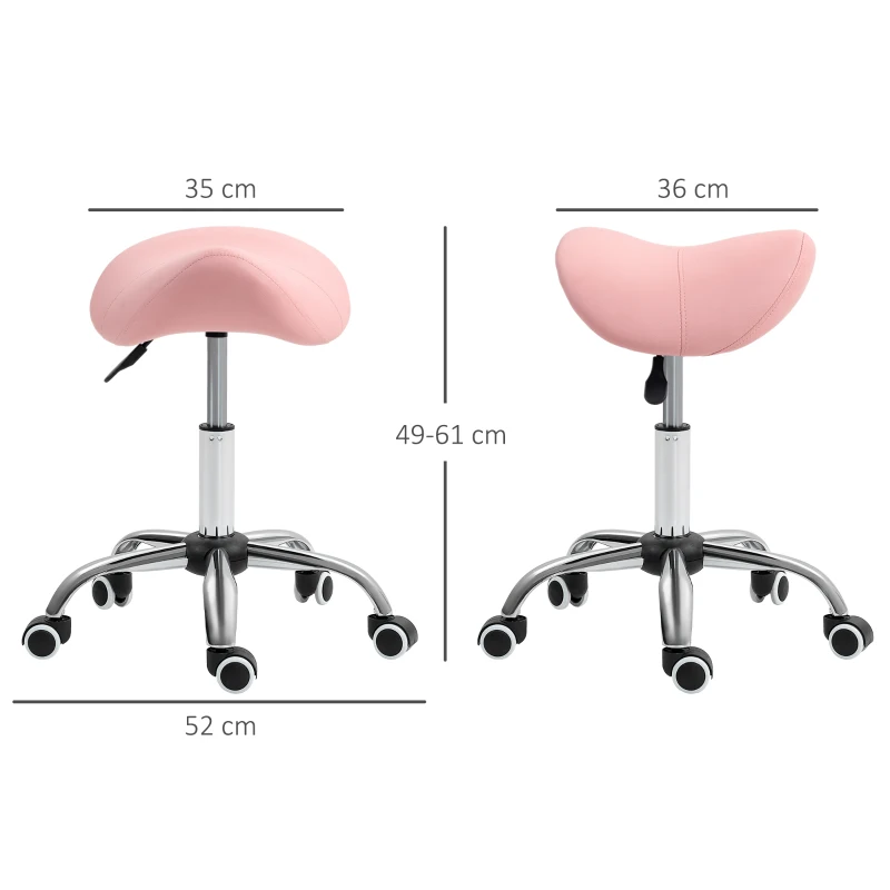 HOMCOM Taburete con Ruedas Taburete Giratoria con Altura Ajustable Taburete Cosmética Dentista Peluqueria 52x53x49-61 cm Rosa