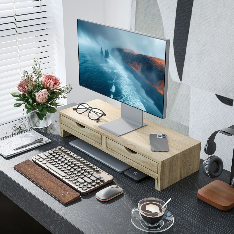 HOMCOM Rehausseur écran PC bureau support d'écran d'ordinateur de 60-116 cm avec 2 tiroirs, longueur et angle réglables