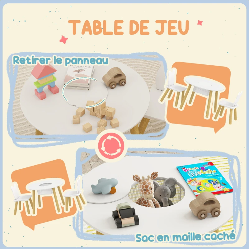 AIYAPLAY Ensemble 1 table ronde, 2 chaises pour enfant 3 pièces, dossier en forme d'ours, activités, bricolage, repas, 3-6 ans