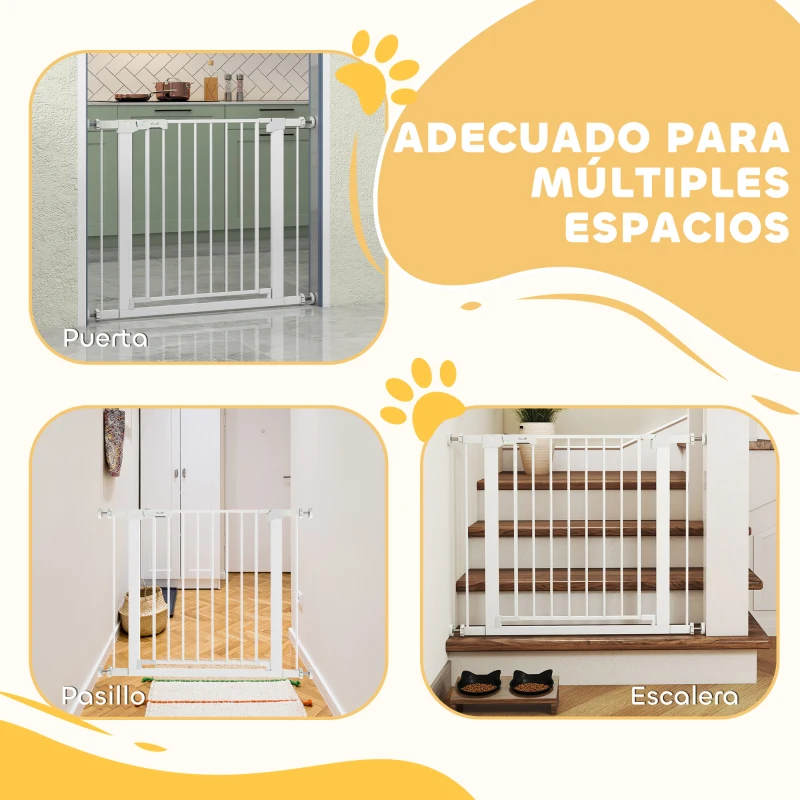 PawHut Barrera de Seguridad de Perros Extensible para Escaleras y Puertas 76-97 cm con 2 Extensiones de 7 cm Cierre Automático y Marco Metálico Altura 76 cm Blanco