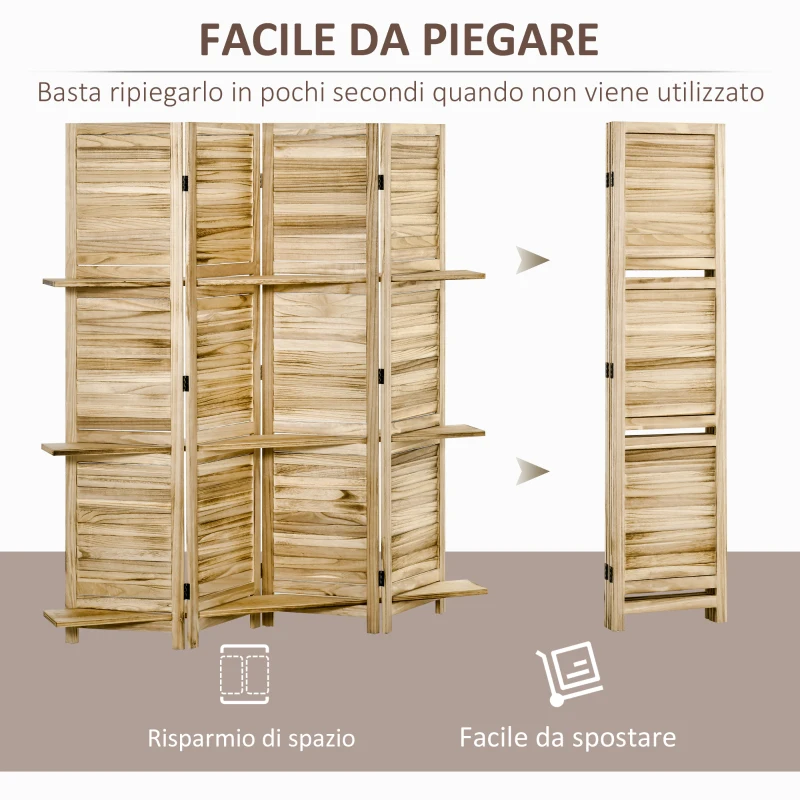 HOMCOM Paravento Divisorio per Interni Pieghevole a 4 Ante con Ripiani in Legno di Paulonia, 162x170 cm, Legno