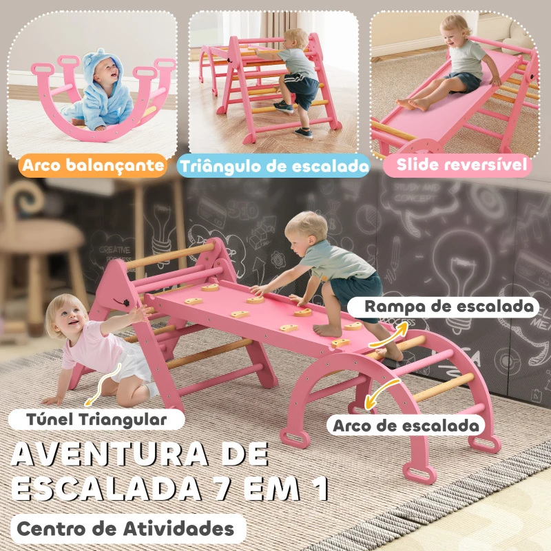 AIYAPLAY Triângulo de Escalada 7 em 1 com Arco e Rampa Escalada para Crianças de Madeira Dobrável para 18-48 Meses 188x70 cm Rosa