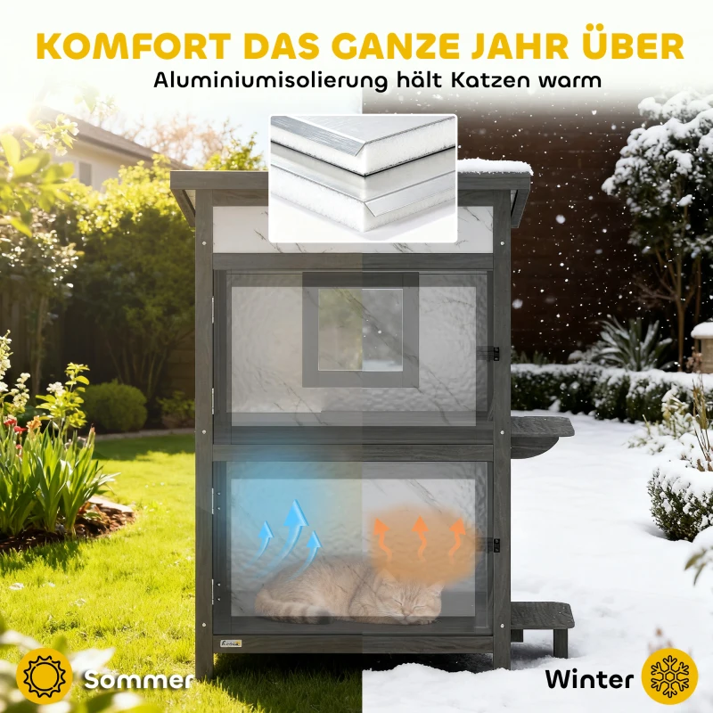 PawHut Outdoor-Katzenhaus, Holzhaus für Katzen, mehrere Eingänge, Fenster, Wasserfest, 60 x 60 x 88 cm, Weiß