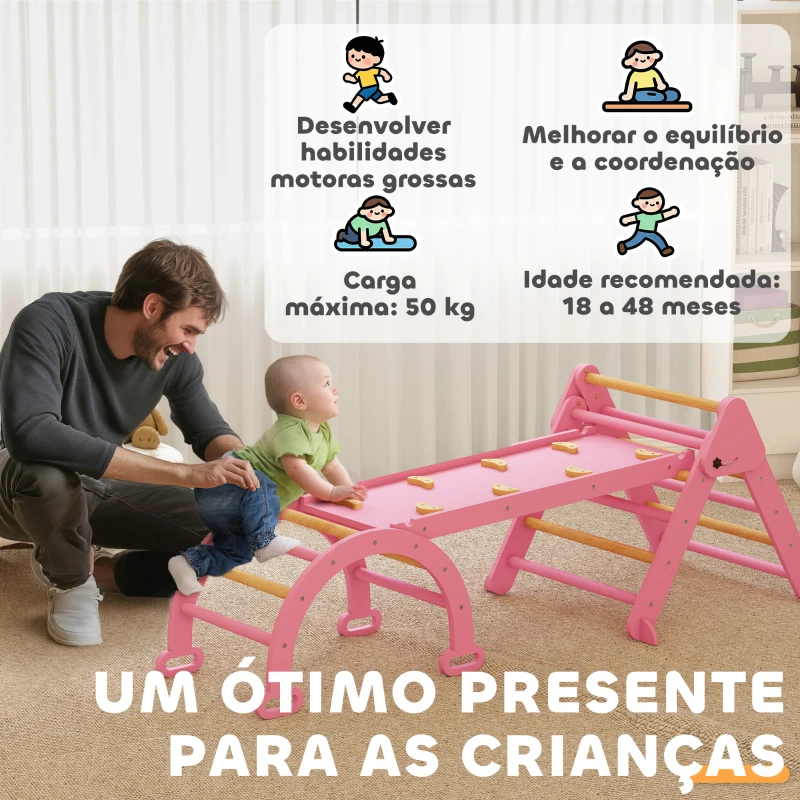 AIYAPLAY Triângulo de Escalada 7 em 1 com Arco e Rampa Escalada para Crianças de Madeira Dobrável para 18-48 Meses 188x70 cm Rosa