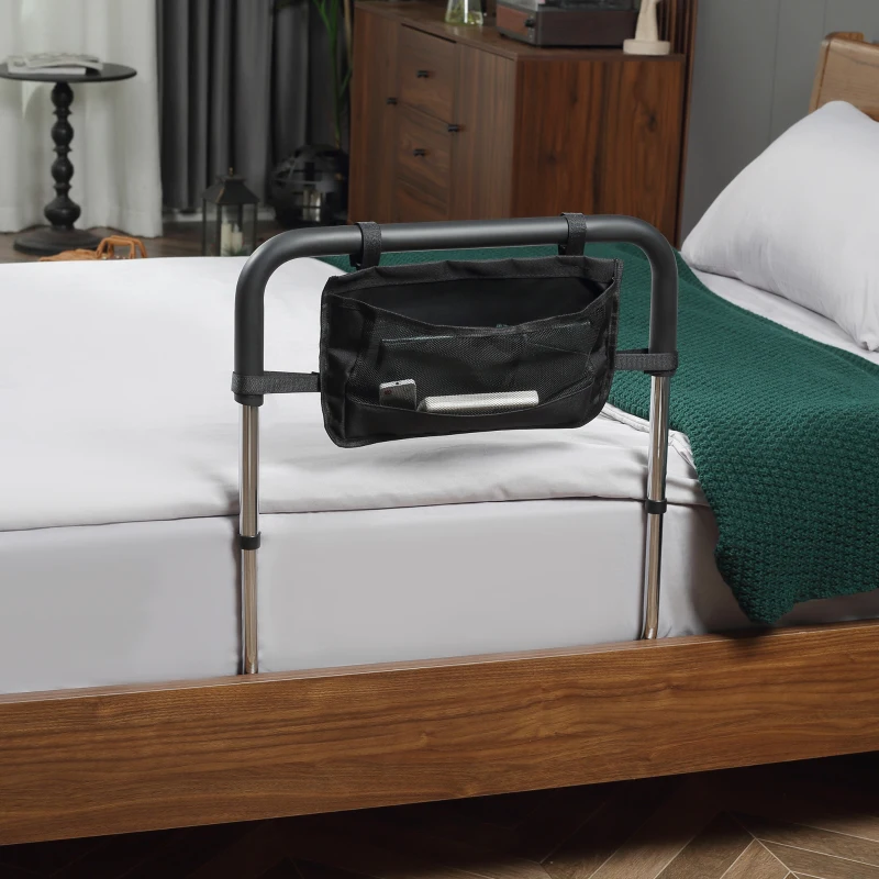 HOMCOM Barre d'appui lit barrière sécurisée protection poignée réglable 5 hauteurs pochette rangement 87Lx51,5lx45-55H cm