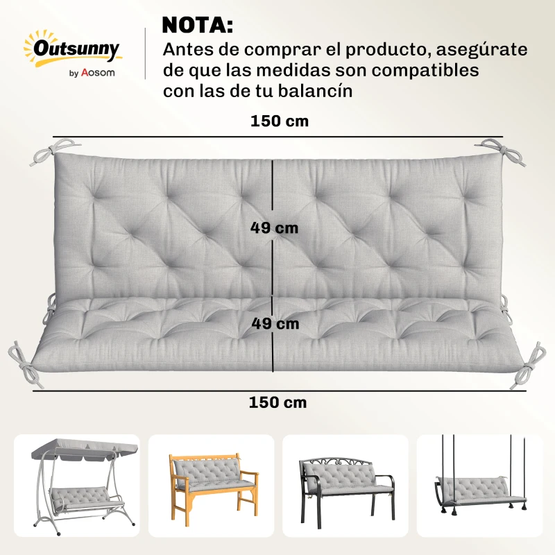 Outsunny Cojín para Banco de Jardín con Respaldo Relleno Grueso y Cintas de Sujeción para Interior y Exterior 150x98x8 cm Gris